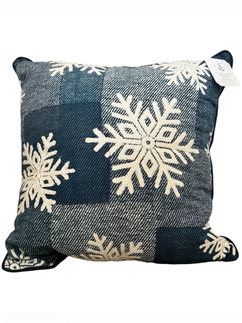Embroidered Snowflake Throw Pillow 20x20 Cotton Winter Farmhouse Decor